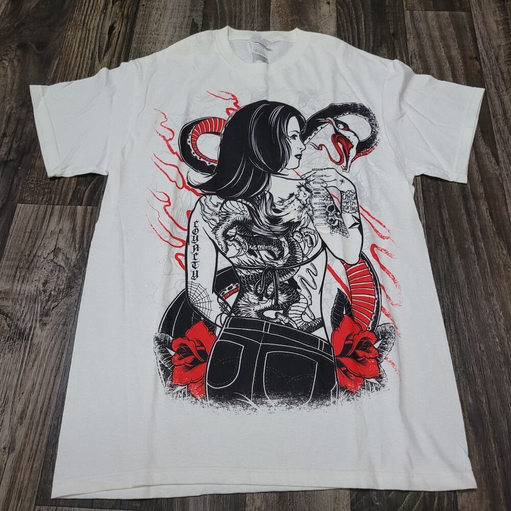 Y2K Tattoo Pinup Girl Snake White Shirt Nwt Black/Red